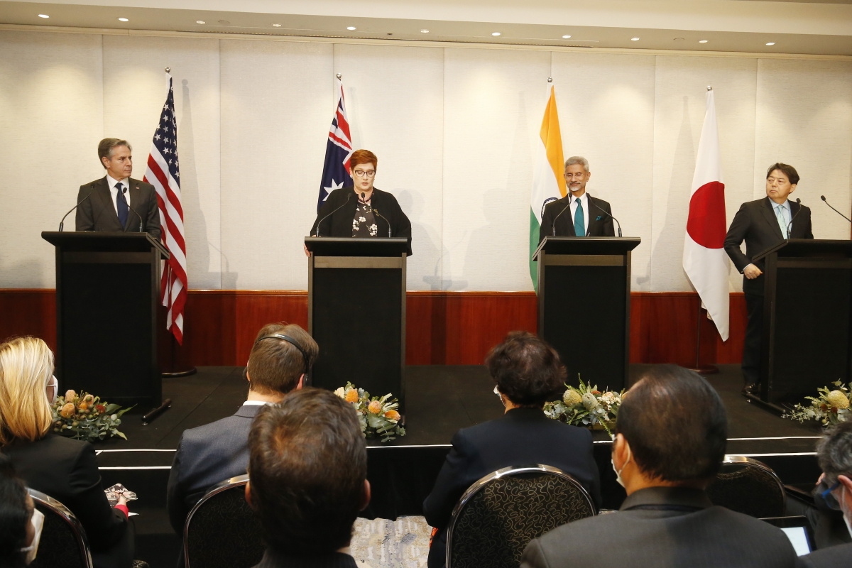 U.S. Secretary of State Antony Blinken, Australia Minister for Foreign Affairs and Minister for Women Marise Payne, Indian Minister of External Affairs Dr. S. Jaishankar and Japanese Minister for Foreign Affairs Yoshimasa Hayashi hold a joint press conference of the Quad Foreign Ministers meeting at the Park Hyatt on February 11, 2022 in Melbourne, Australia.
