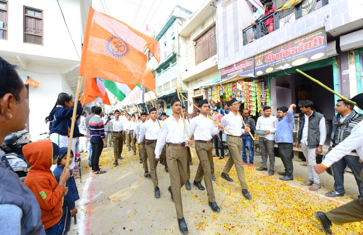 Members of a Hindu nationalist group, RSS, march through Beawar in January 2020