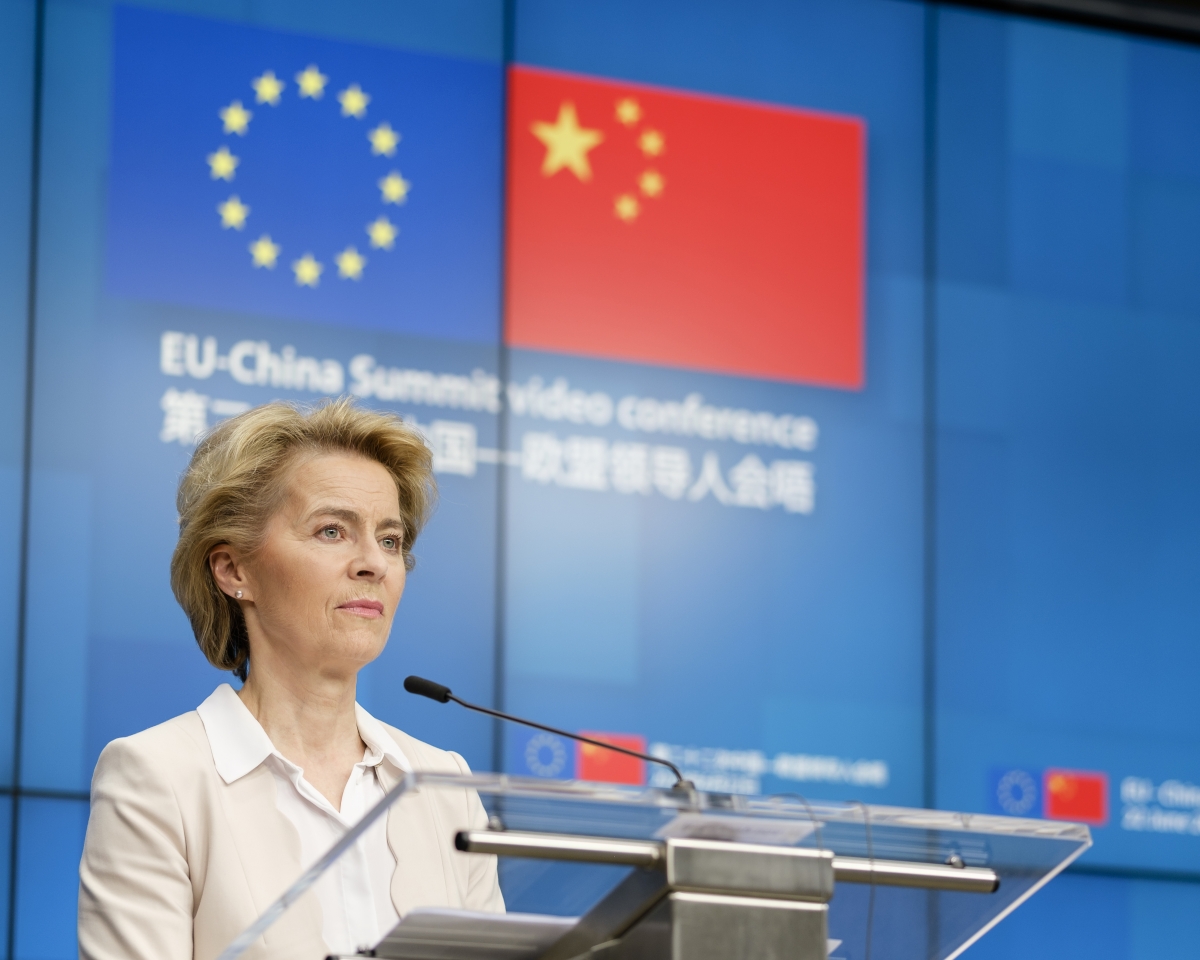 President of the European Commission Ursula von der Leyen is talking to media briefing after an EU-China Summit on June 22, 2020 in Brussels, Belgium. 