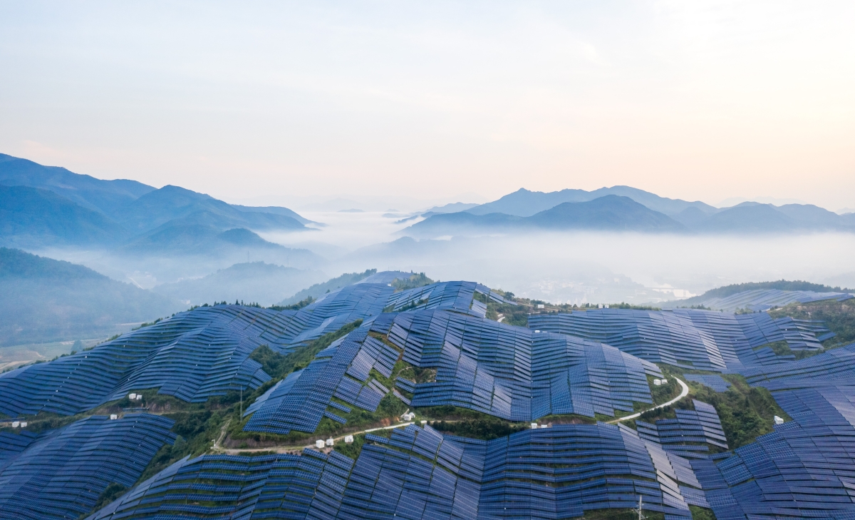 Mountain solar power station in the morning in China