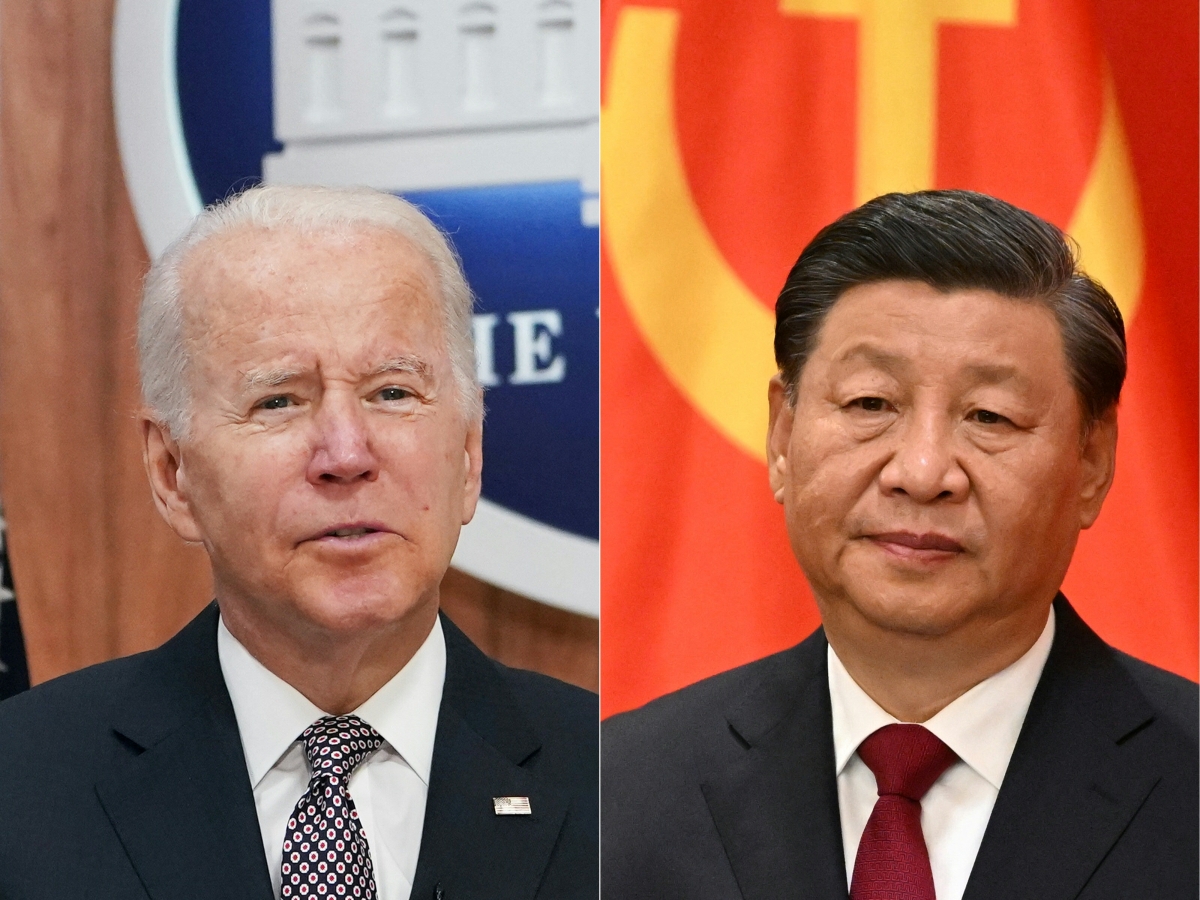 This combination of pictures created on November 11, 2022 shows US President Joe Biden (L) addresses the Major Economies Forum on Energy and Climate from the South Court Auditorium of the Eisenhower Executive Office Building, next to the White House, in Washington, DC on June 17, 2022 and China's President Xi Jinping (R) speaks after walking with members of the Chinese Communist Party's new Politburo Standing Committee, the nation's top decision-making body, to meet the media in the Great Hall of the People