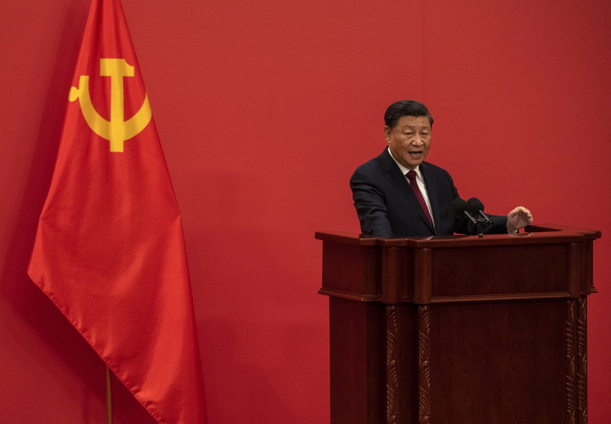 General Secretary and Chinese President Xi Jinping speaks at a press event with Members of the new Standing Committee of the Political Bureau of the Communist Party of China and Chinese and Foreign journalists at The Great Hall of People on October 23, 2022 in Beijing, China.