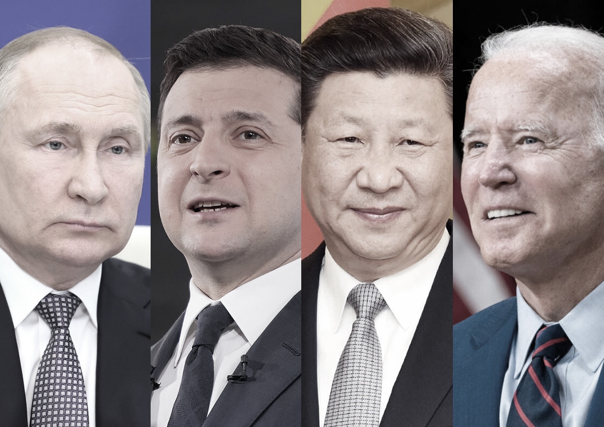 Composite image of Vladimir Putin, Volodymyr Zelenskyy, Xi Jinping, and Joe Biden.