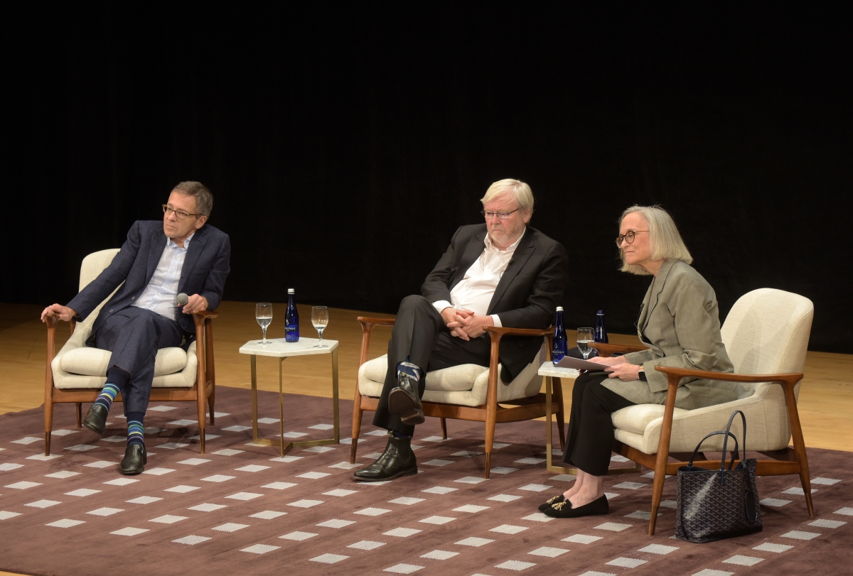 Kevin Rudd, Carla Anne Robbins, and Ian Bremmer in discussion at an event on global geopolitical risks.