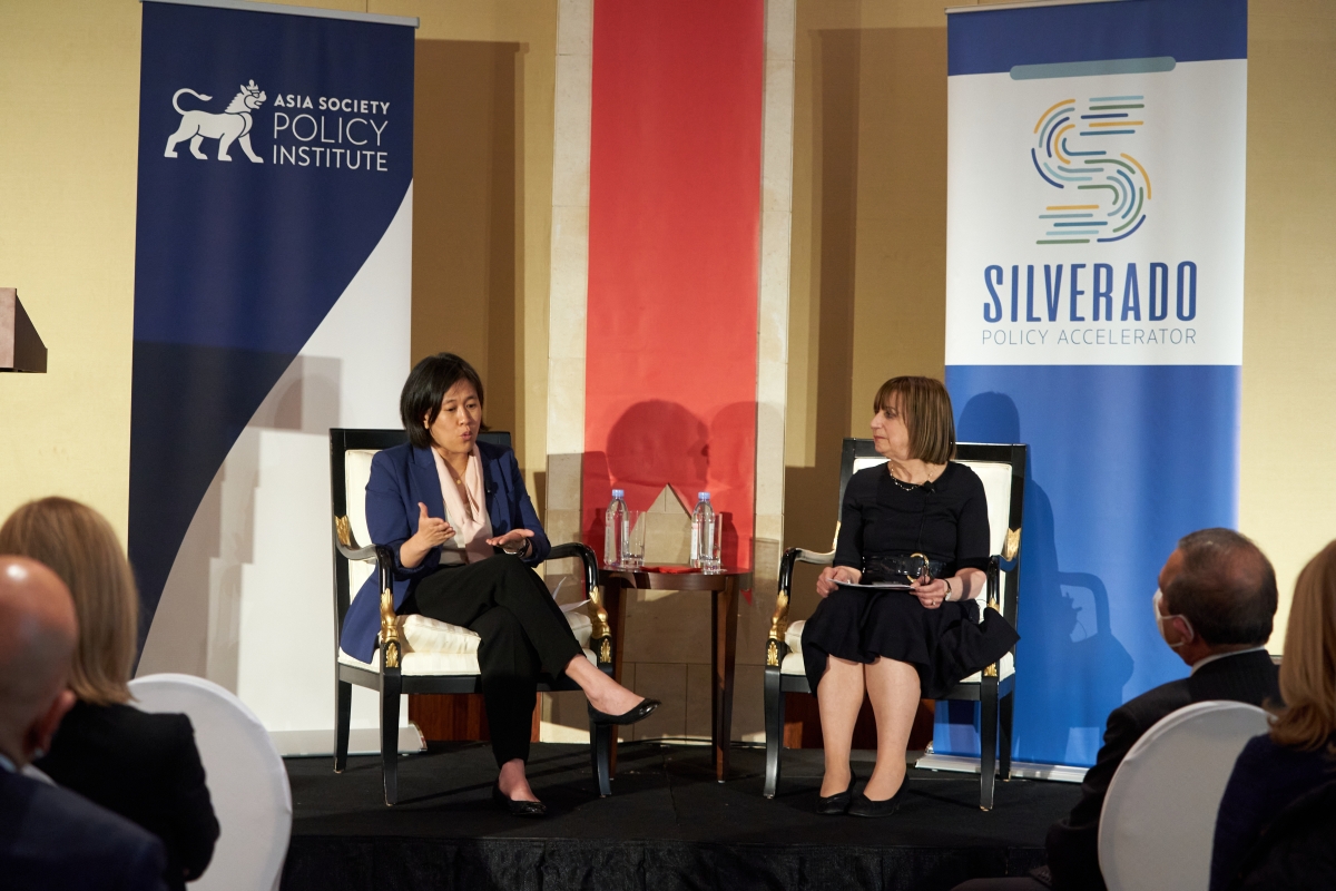 Wendy Cutler speaking to USTR Katherine Tsai at the launch of our "Building Trade Ties With ASEAN’s Emerging Female Leaders" program