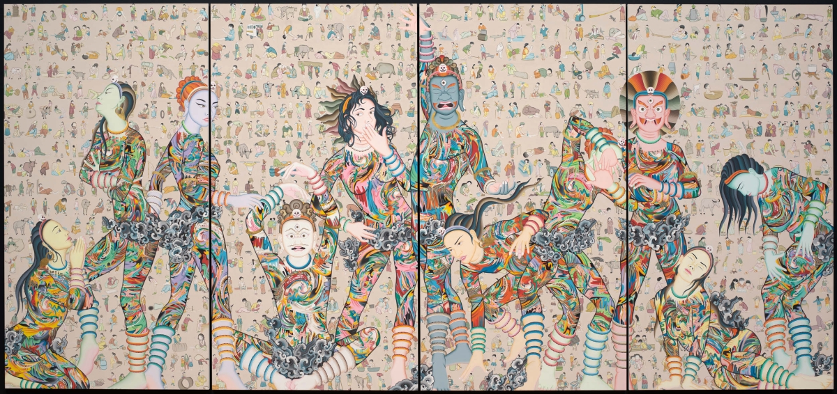 ‘Himalayan Spirits,’ 2021, Tsherin Sherpa (American, born Nepal, 1968), acrylic and ink on four canvases. Virginia Museum of Fine Arts, 2022.74a-d.