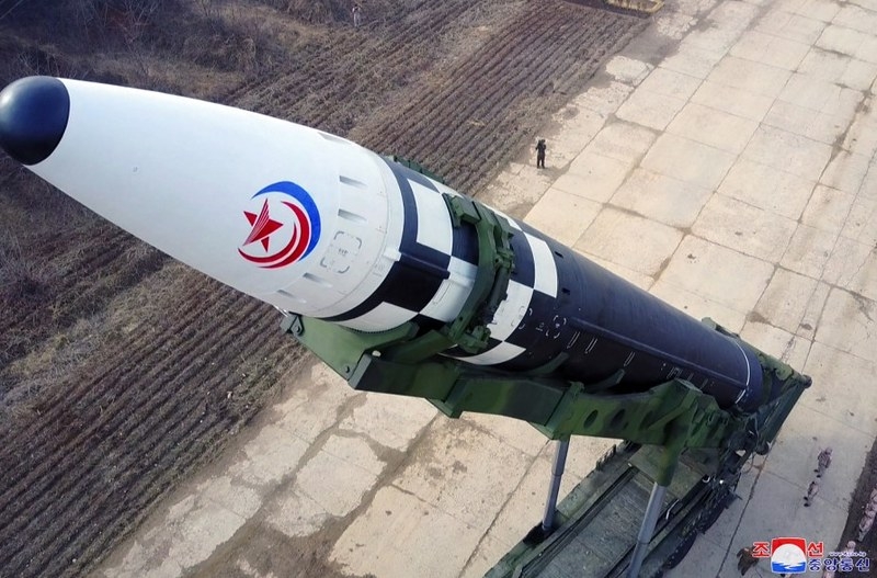 North Korea strategic forces test-launch the Hwasongpho-17 intercontinental ballistic missile on March 24, 2022, under the direct guidance of its leader Kim Jong Un