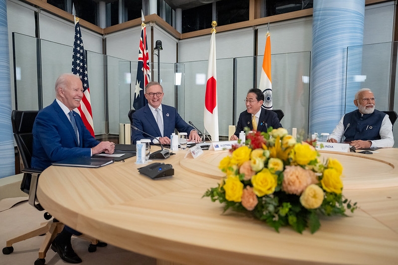 President Joe Biden attends a meeting of the Quad Alliance with Prime Minister Anthony Albanese of Australia, Prime Minister Narendra Modi of India, and Japanese Prime Minister Fumio Kishida, Saturday, May 20, 2023, at the Grand Prince Hotel in Hiroshima, Japan.