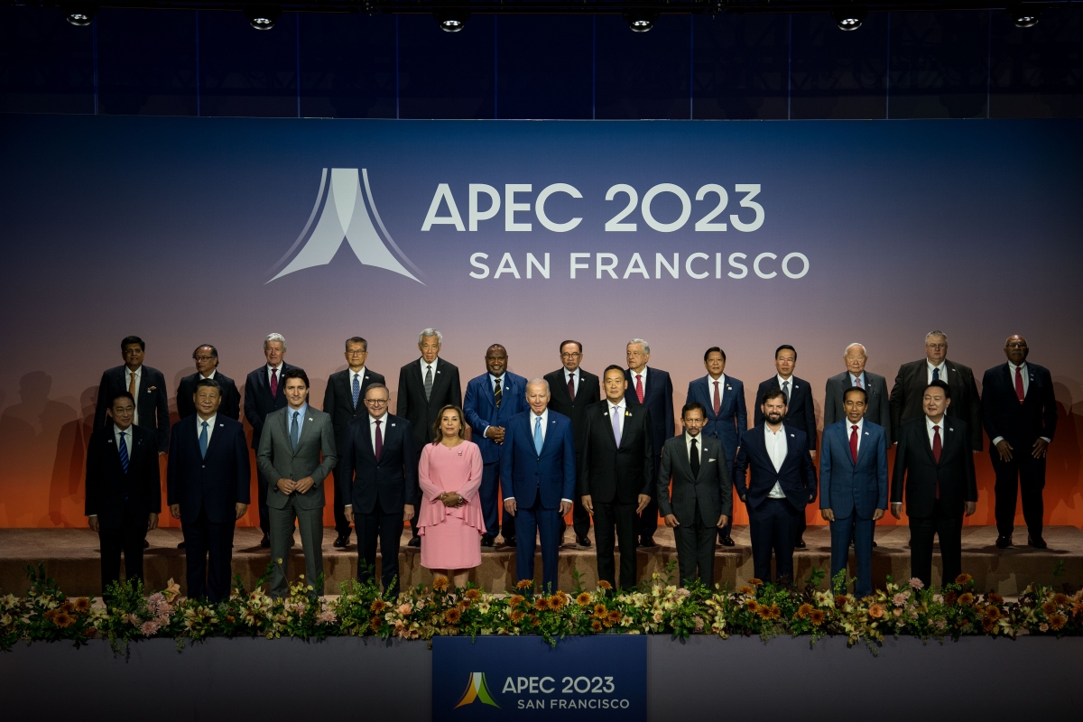 World leaders, including President Joe Biden, front center, stand for a "family photo" during the Asia-Pacific Economic Cooperation (APEC) Leaders' Week at Moscone Center on November 16, 2023 in San Francisco, California. The 2023 Asia-Pacific Economic Cooperation (APEC) Leaders' Week Summit is set to run through November 17, with more than 30,000 people including dozens of world leaders and hundreds of CEOs attending the event.