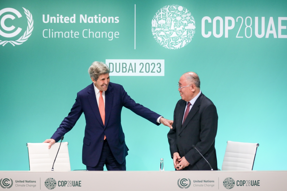John Kerry, U.S. Special Presidential Envoy for Climate, and his Chinese counterpart Xie Zhenhua give a joint news conference on day thirteen of the UNFCCC COP28 Climate Conference on December 13, 2023 in Dubai, United Arab Emirates. The conference has gone into an extra day as delegations continue to negotiate over the wording of the final agreement. The COP28, which was originally scheduled to run from November 30 through December 12, has brought together stakeholders, including international heads of sta