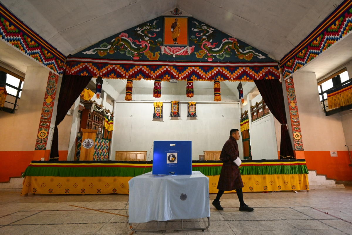 This photo taken on January 9, 2024 shows a voter leaves after casting his vote at a polling station during the general elections in Thimphu. Former prime minister Tshering Tobgay's party won Bhutan's election on January 9, media reported, after polls dominated by economic threats challenging the Himalayan kingdom's longstanding policy of prioritising "Gross National Happiness" over growth.