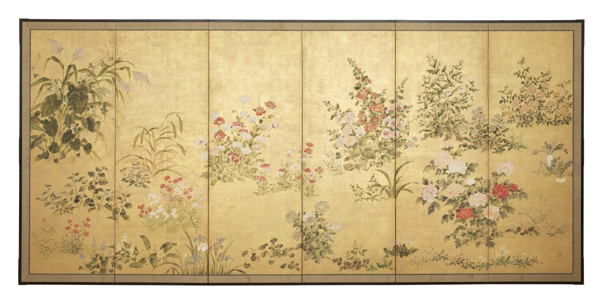 A rectangular screen with a gold background contains delicately rendered flowering bushes in greens, reds, whites, and pinks.