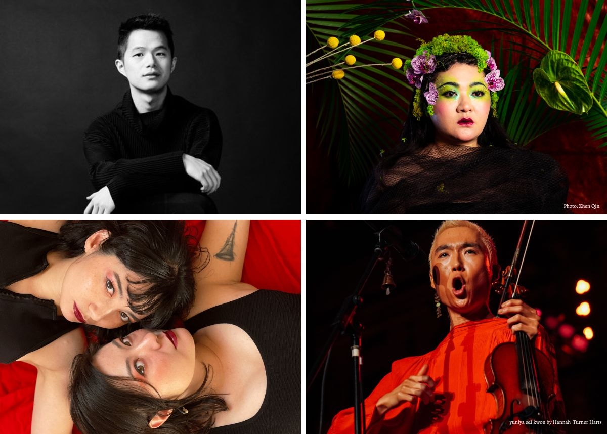 pictured top left to bottom right: violinist Lun Li, composer Du Yun, percussion duo NOMON and violinist yuniya edi kwon