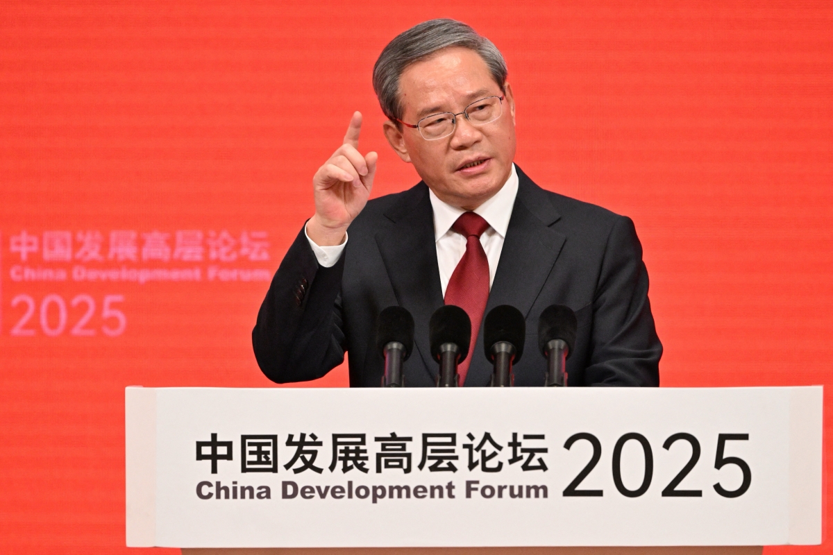 Premier Li Qiang speaks during the opening ceremony of the China Development Forum at the Diaoyutai State Guesthouse in Beijing on March 23, 2025.