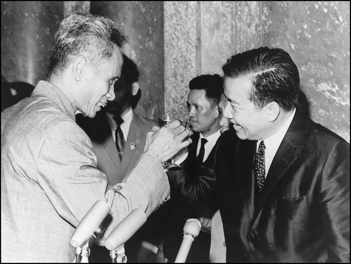 Sihanouk (R) toasts with Vietnamese Premier Phan Van Dong (L) during a visit to Hanoi in 1970. Sihanouk was deposed by Cambodian forces of Lt.-Gen. Lon Nol in March 1970 and formed an ill-fated alliance with North Vietnam and an underground Marxist insurgency group, the Khmer Rouge, led by Pol Pot. (Lam Hong/AFP/Getty Images)