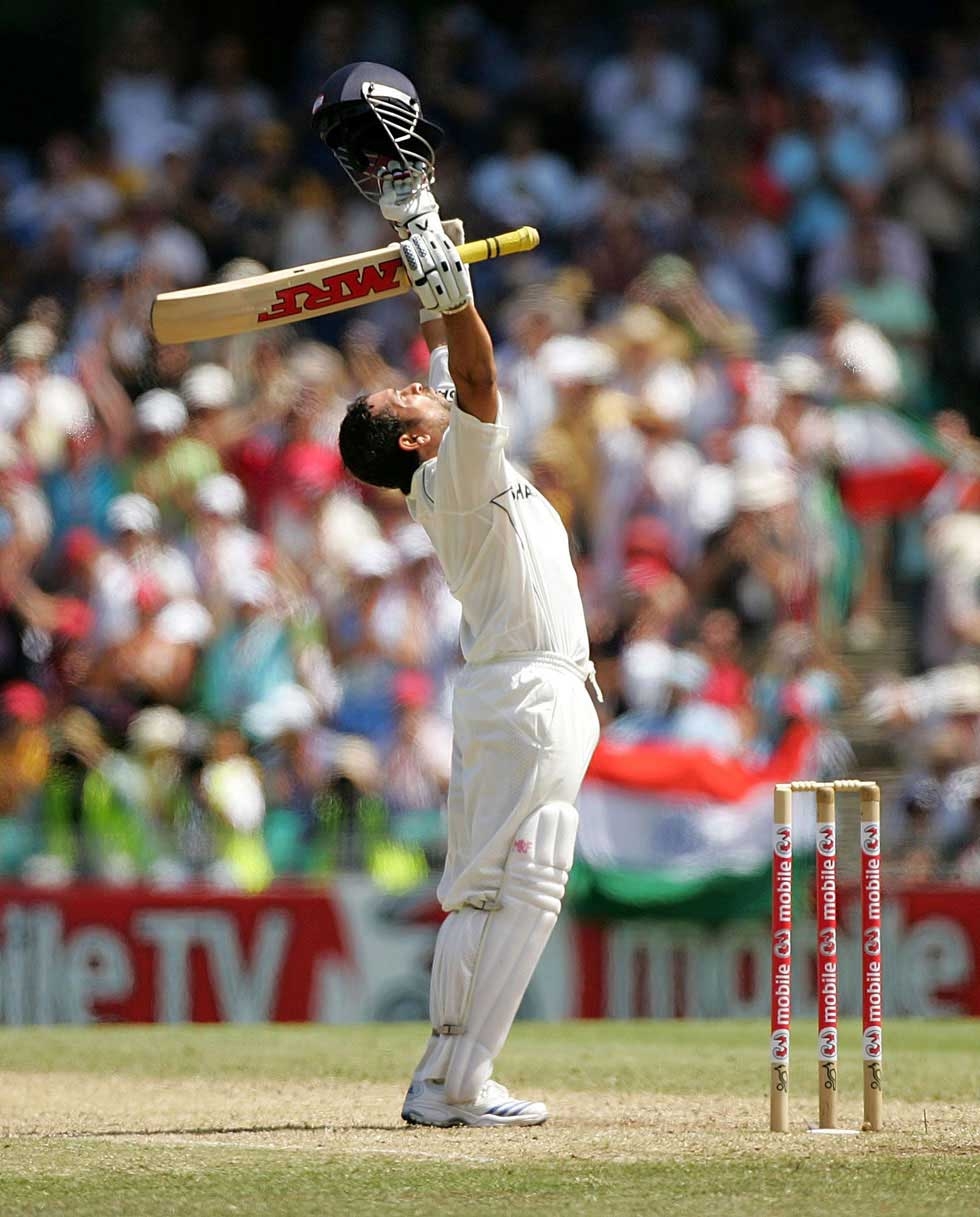 Tendulkar celebrates reaching his century during day three of the Second Test match between Australia and India at the Sydney Cricket Ground on January 4, 2008 in Sydney, Australia.  (Ezra Shaw/Getty Images)