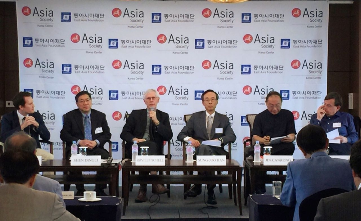 From left:  John Delury, Dingli Shen, Orville Schell, Sung-Joo Han, Canrong Jin, Andrei Lankov