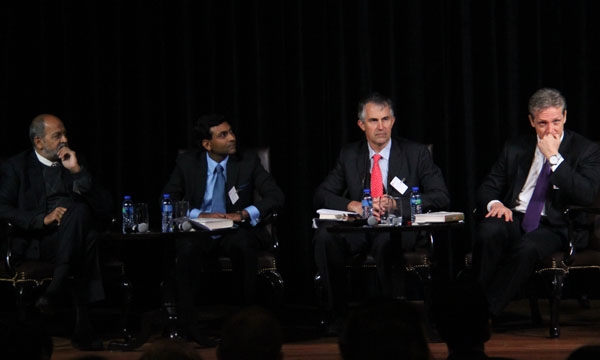 L to R: Adil Zainulbhai, Senior Advisor, McKinsey & Company; Prashant Agrawal, Consul-General of India, Hong Kong; Victor Mallet, South Asia Bureau Chief, the Financial Times; and Clay Chandler, writer, editor and founder, The Barrenrock Group, at Asia Society Hong Kong Center on February 20, 2014. 