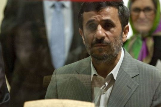 Iranian President Mahmoud Ahmadinejad attends the unveiling of the Cyrus Cyliner in Tehran in 2010. (Radio Free Europe/Radio Liberty)