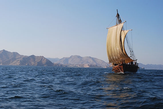 The Jewel of Muscat, a ship constructed based on the Belitung wreck and evidence of early West Asian shipbuilding, during sea trials off Oman. (Photography by Michael Flecker)