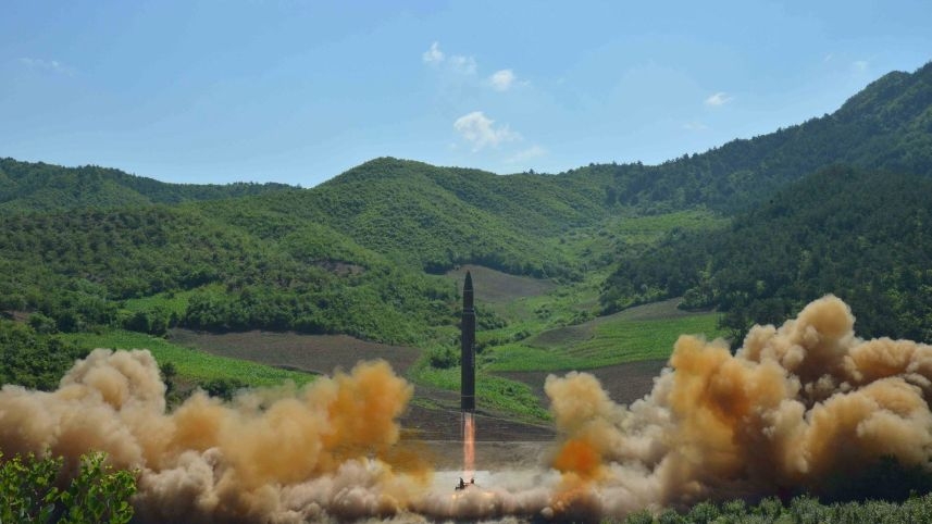 The intercontinental ballistic missile Hwasong-14 is seen during its test launch in this undated photo released by North Korea's Korean Central News Agency (KCNA) in Pyongyang, July, 4 2017. 