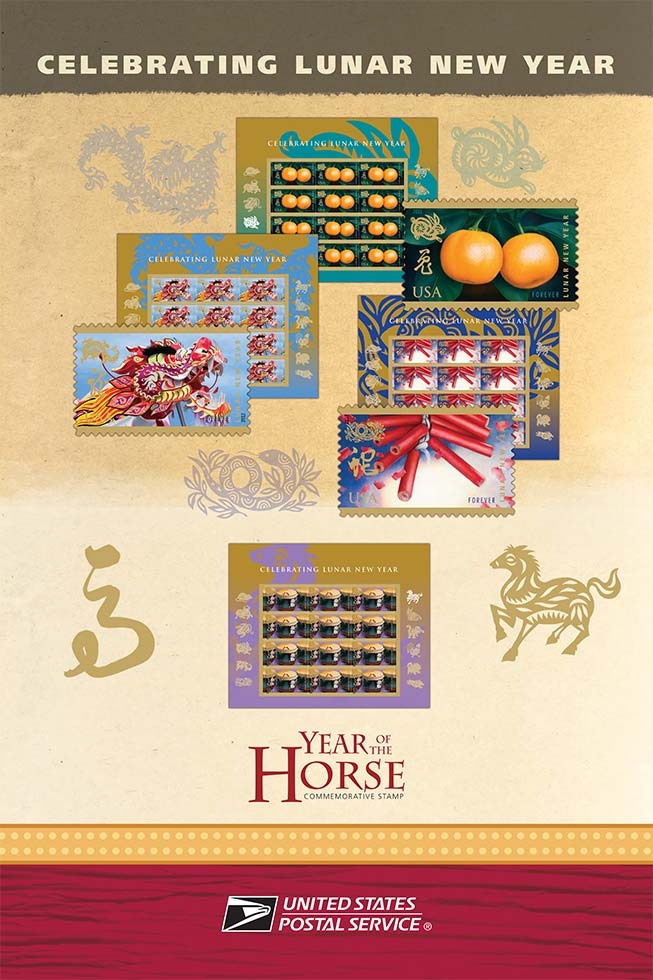 Depicted stamps (from top to bottom): Year of the Rabbit, Year of the Dragon, Year of the Snake, Year of the Horse. (Kam Mak)