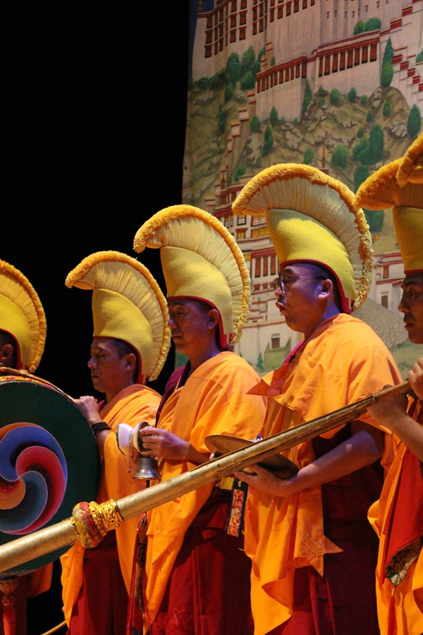 In the prelude to “Sacred Music Sacred Dance” the monks invoke creative awareness within themselves and the audience through a tapestry of instrumental and vocal sounds. (Jessica Ngo)