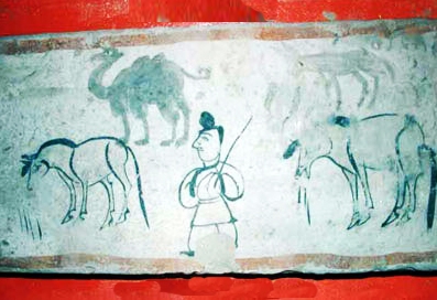 Old tomb painting showing a merchant with horses and camels along the Silk Roads. Luotoucheng, Gansu Province, China; circa 221-317 C.E. Courtesy Gaotai County Museum.
