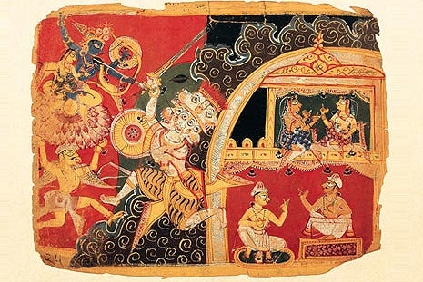 Folio from a Bhagavata Purana showing a battle between Krishna and the fire-headed demon Mura. Asia Society Collection.
