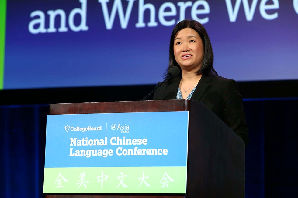 Linda Liu, vice president of College Board, addresses the opening plenary of the 2017 National Chinese Language Conference in Houston. (David Keith/David Keith Photography)
