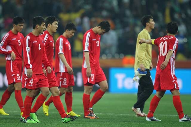 The North Korea team after defeat and elimination from the tournament during the 2010 FIFA World Cup South Africa Group G match between North Korea and Ivory Coast on June 25, 2010. (Michael Steele/Getty Images)