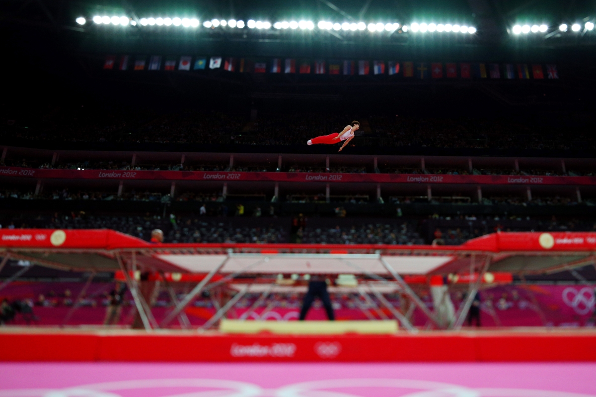Yasuhiro Ueyama of Japan competes on the Men's Trampoline  on August 3, 2012. (Cameron Spencer/Getty Images)