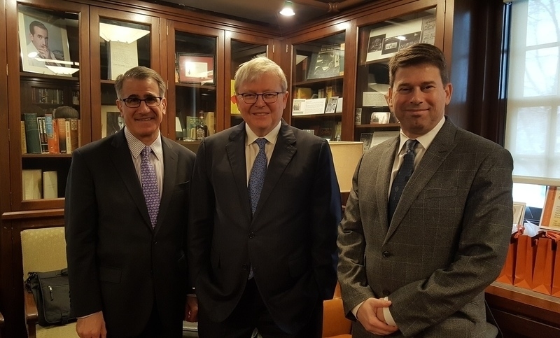 Kevin Rudd with Tufts University President Anthony Monaco and Professor Daniel Drezner at the Fletcher School of Law and Diplomacy on March 10, 2017. (Anubhav Gupta)