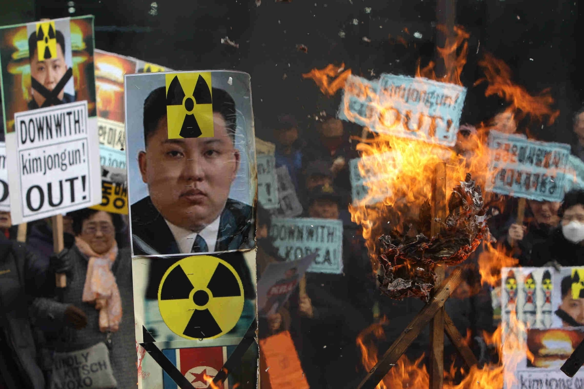 South Korean protesters burn an effigy of North Korea leader Kim Jong-Un during an anti-North Korea rally on February 11, 2016 in Seoul, South Korea. (Chung Sung-Jun/Getty Images)
