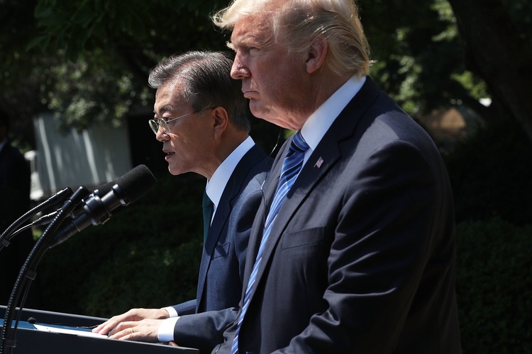 President Donald Trump and South Korean President Moon Jae-in deliver joint statements in the Rose Garden of the White House on June 30, 2017 in Washington, DC. (Alex Wong/Getty Images)