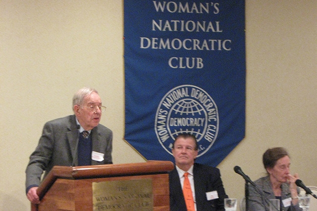 Ambassador Howard Schaffer (left) with Jack Garrity and Ambassador Teresita Schaffer at the Woman's National Democratic Club on Oct. 14, 2009. (Terrence Smith / Asia Society)