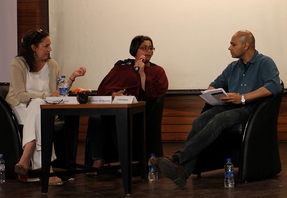 L to R: Speakers Judith Greer, Sheikha Hoor Al-Qasimi and Girish Shahane in Mumbai on March 22, 2013. (Asia Society India Centre) 