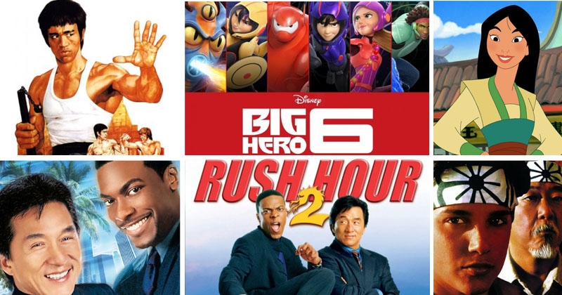 Top: The Way of the Dragon (1972), Big Hero 6 (2014), Mulan (1998); Bottom: Rush Hour (1988), Rush Hour 2 (2001), Karate Kid (1984)