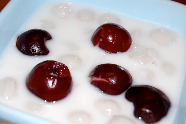 Taro Balls--with cherries--in Coconut Cream (Photo by grrrrl/flickr)