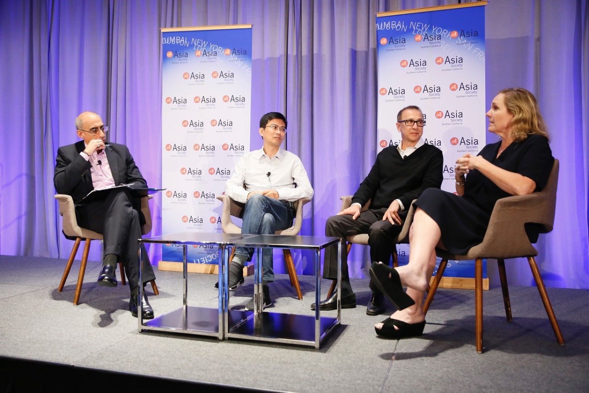 Stephen Saltzman, Partner of Loeb & Loeb, Melissa Cobb, Head of Studio and Chief Creative Officer of Oriental DreamWorks, Bob Bacon, Chief Executive Officer of Alpha Animationand Harley Zhao, President and Chief Executive Officer of Original Force speak during the 2016 U.S.-China Film Summit held at UCLA on November 1, 2016 in Los Angeles, California.