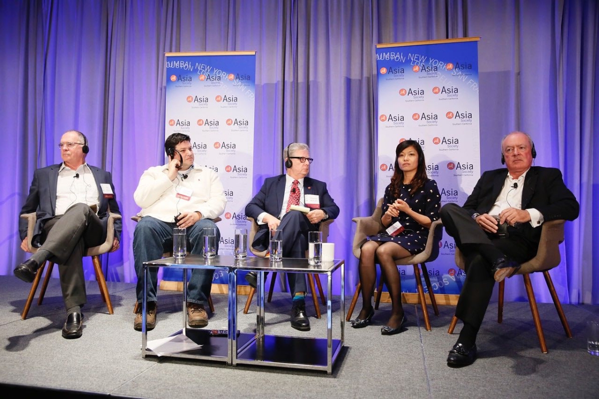 Thomas E. McLain, Chairman of Asia Society Southern California and Attorney of Hogan Lovells, Joshua Wexler, Chief Executive of Fun of iP2Entertainment, Michael Corrigan, Managing Director of CP Enterprises,  Lisa Wang, General Counsel of Huayi Brothers Media Corporation and Ray Braun, Principal of Entertainment + Culture Advisors speak during the 2016 U.S.-China Film Summit held at UCLA on November 1, 2016 in Los Angeles, California. 