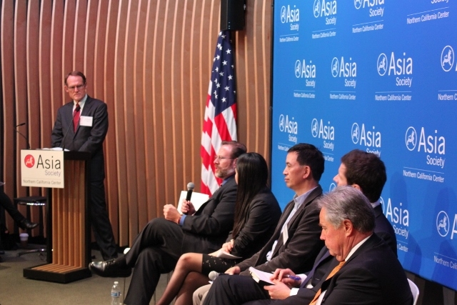 Sean Randolph of the Bay Area Council Economic Institute moderated the conference's first panel, which featured Mark Horn of East West Bank, Vivien Wang of Deloitte; Alan Chen of Perfect World Entertainment, Thilo Hanemann of Rhodium Group, and Ken Petrilla of Wells Fargo (Asia Society)