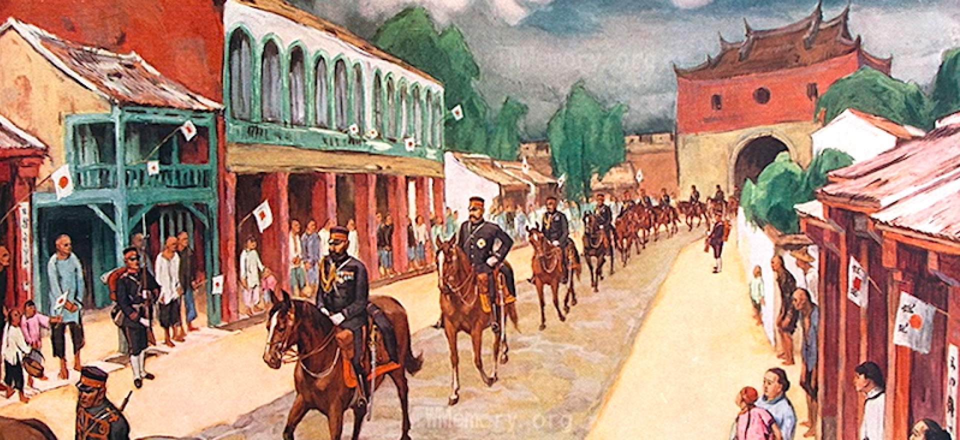 Ishikawa Toraji illustration military men on horseback walking through a town center