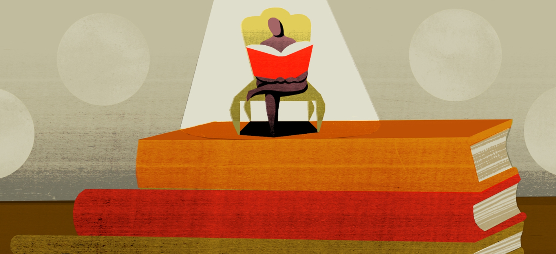 Illustration of figure in a chair reading a book, on a stack of books.