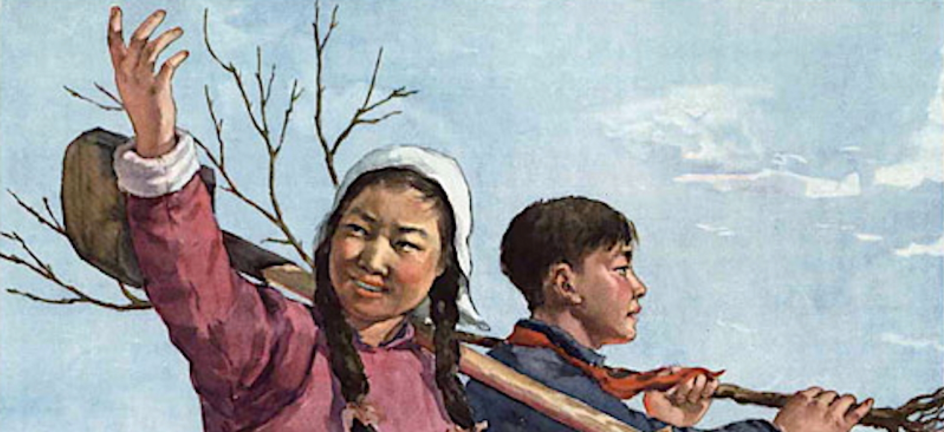 Illustration of two chinese young adults planting a tree