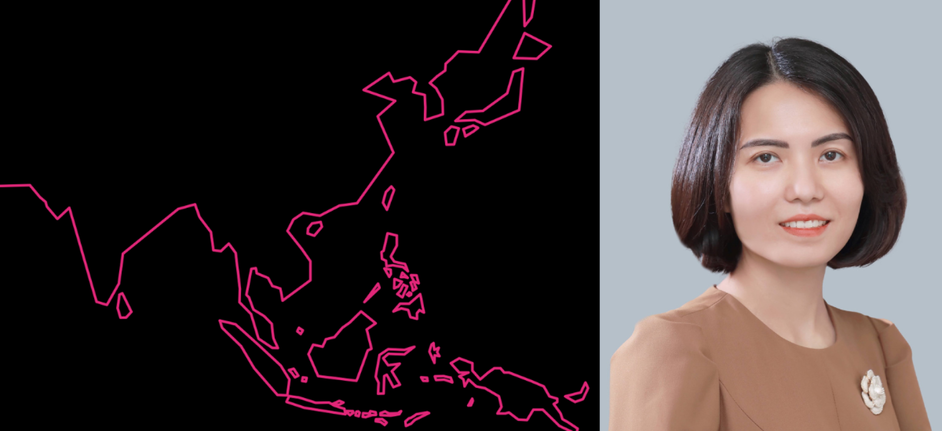 Fucshia illustration of Asia background next to headshot of Bich Tran