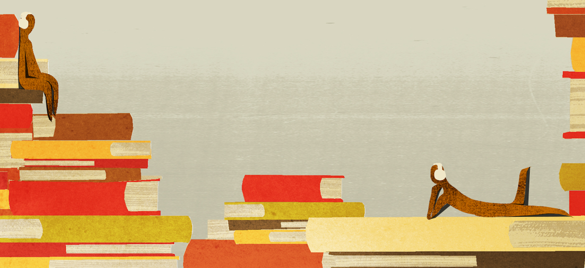 Illustration people sitting on books listening to headphones