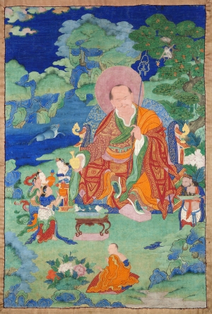 Nagasena Arhat. 17th century. Possibly Kham (East Tibet). Tradition: Gelug. Pigments on cloth. MU-CIV/MAO "Giuseppe Tucci," inv. 933/766. Placement as indicated on verso: 6th from left. Image courtesy of the Museum of Civilisation/Museum of Oriental Art "Giuseppe Tucci," Rome.