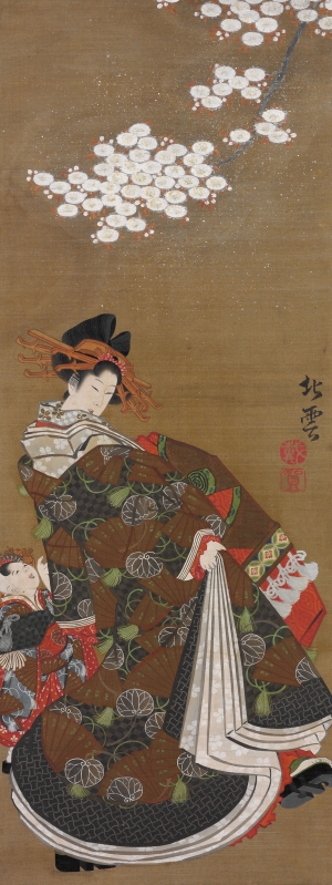 Katsushika Hokuun (active ca. 1800–1844). Courtesan Promenading under Cherry Blossoms. Japan. Edo period, 1804–18.