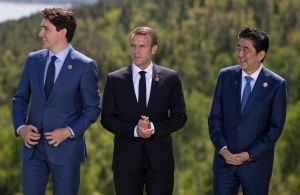 Justin Trudeau, Emmanuel Macron, and Shinzo Abe at 2018 G7 Summit